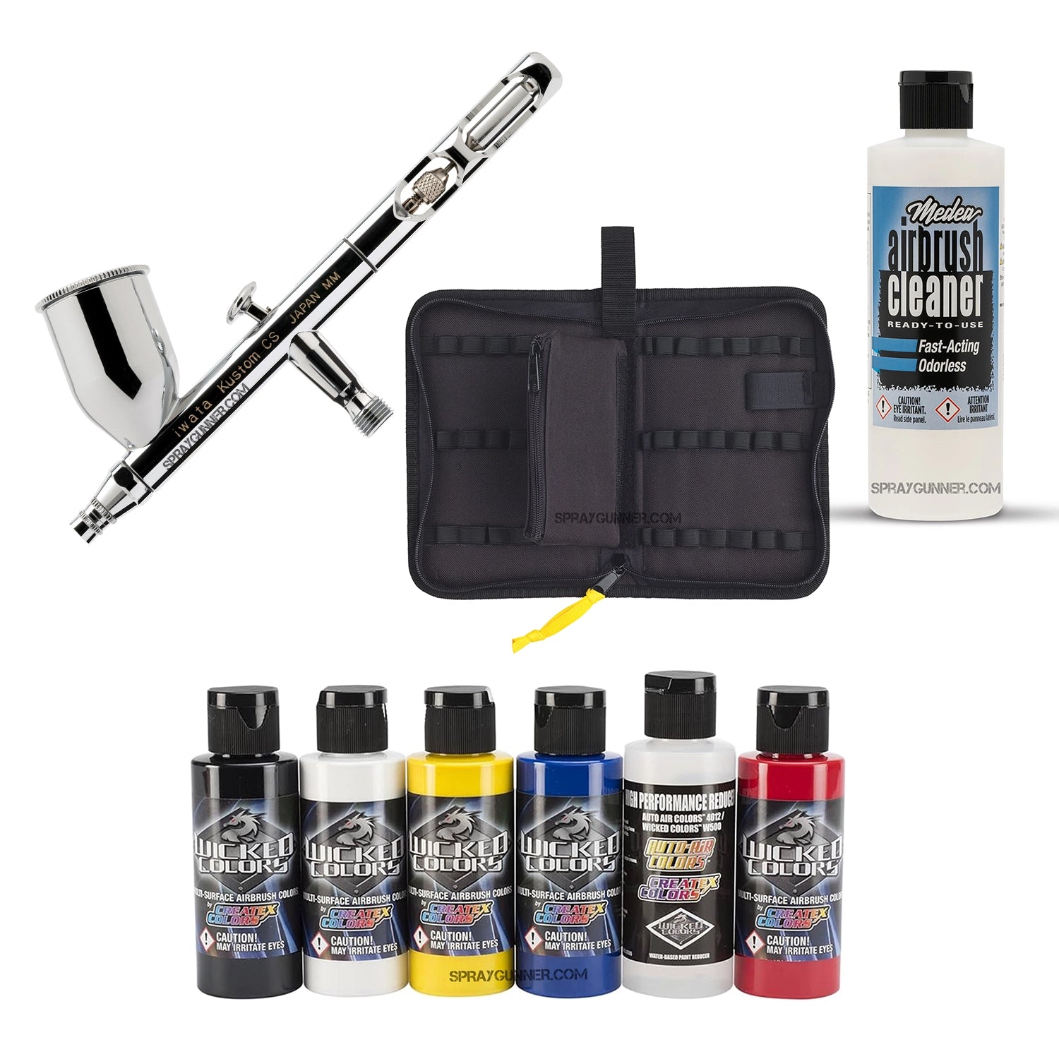 Including cleaning supplies and a nonfire universal airbrush paint kit, this open-box IWATA VAULT KUSTOM CS Gravity Feed Dual Action Airbrush is ideal for cosplay and automotive applications.