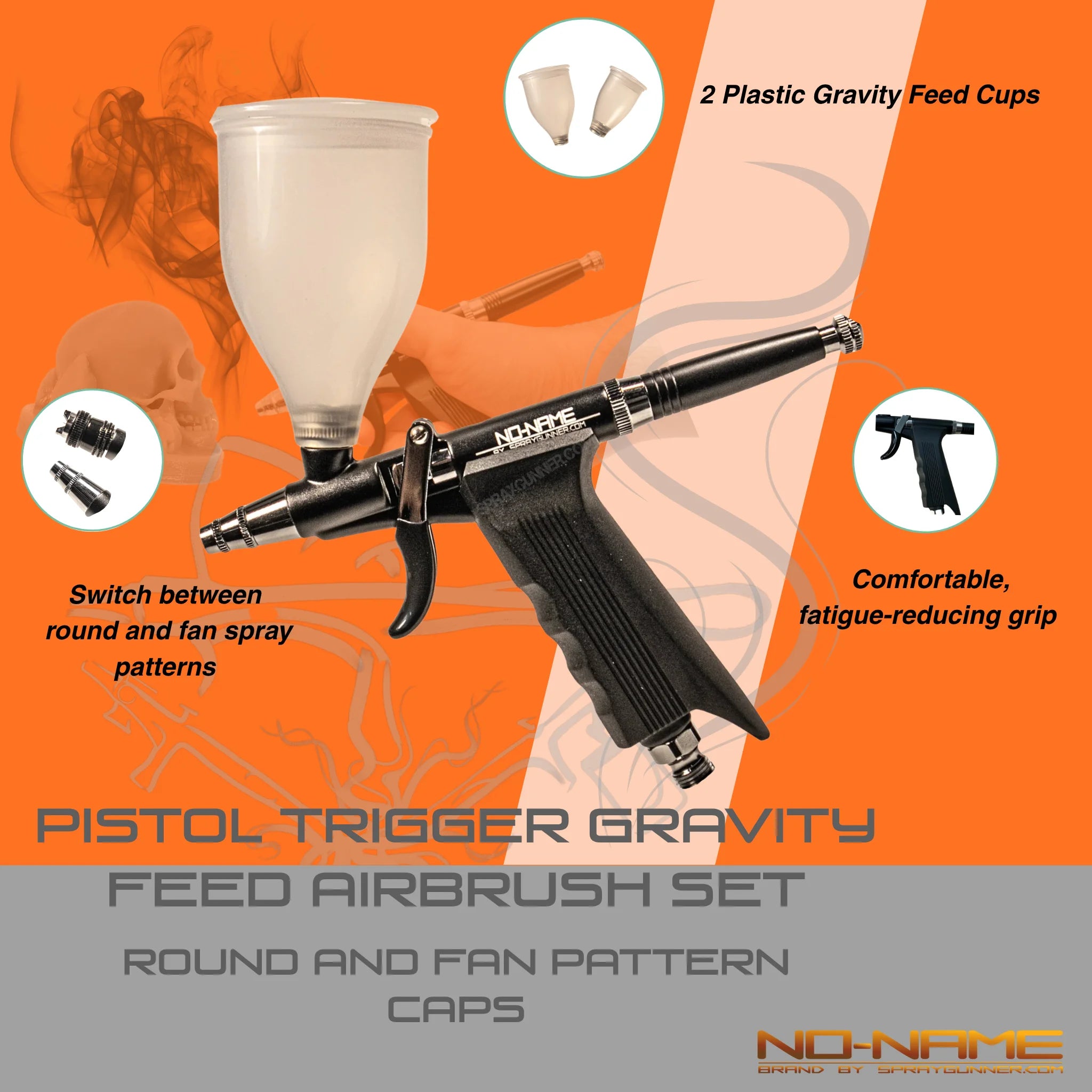 Pistol Trigger Gravity Feed Airbrush Set with Round and Fan Pattern Caps by NO-NAME Brand