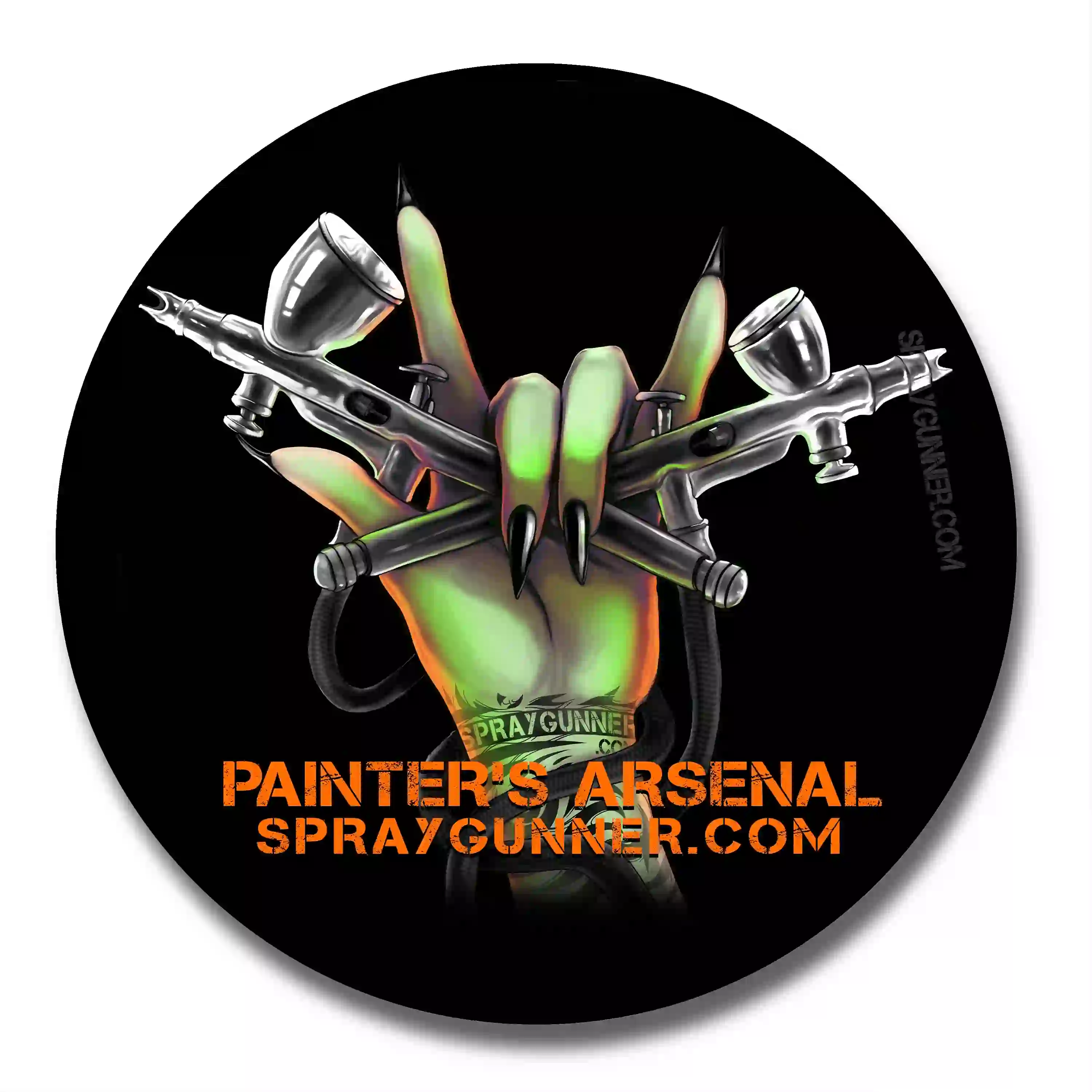 Exclusive Monster Airbrush Sticker by Urbanlystore featuring a green clawed hand gripping dual airbrushes. Durable and perfect for customizing gear.