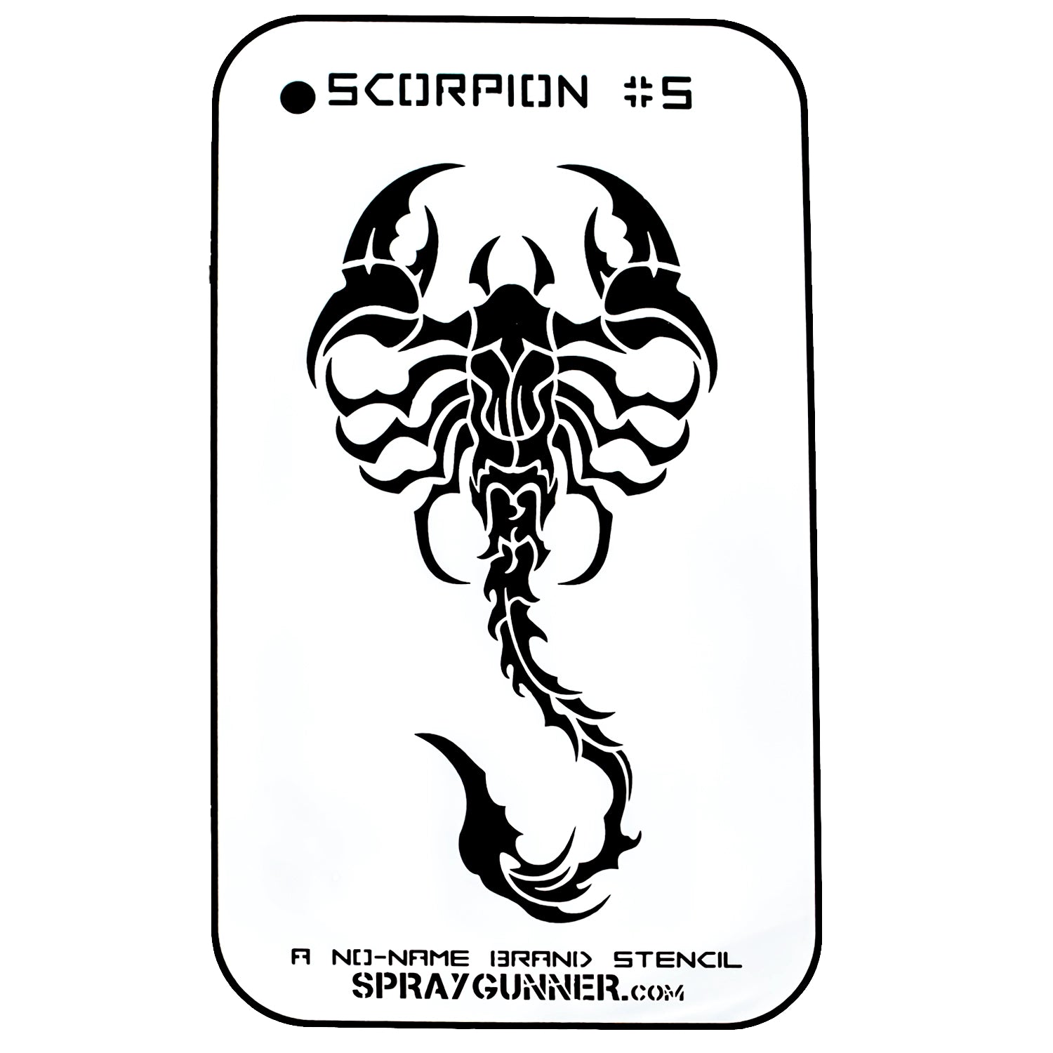 NO-NAME Brand Scorpion Stencil #5 features a bold, tribal-style scorpion design ideal for airbrushing and craft detailing on various surfaces.