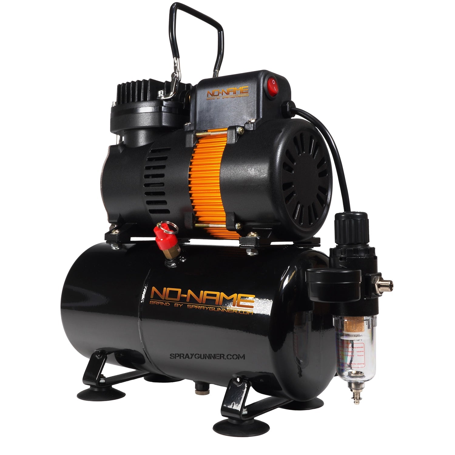 Perfect for body art and ProAiir paint applications, this used Tooty Airbrush Compressor by NO-NAME Brand has a black tank and orange embellishments.