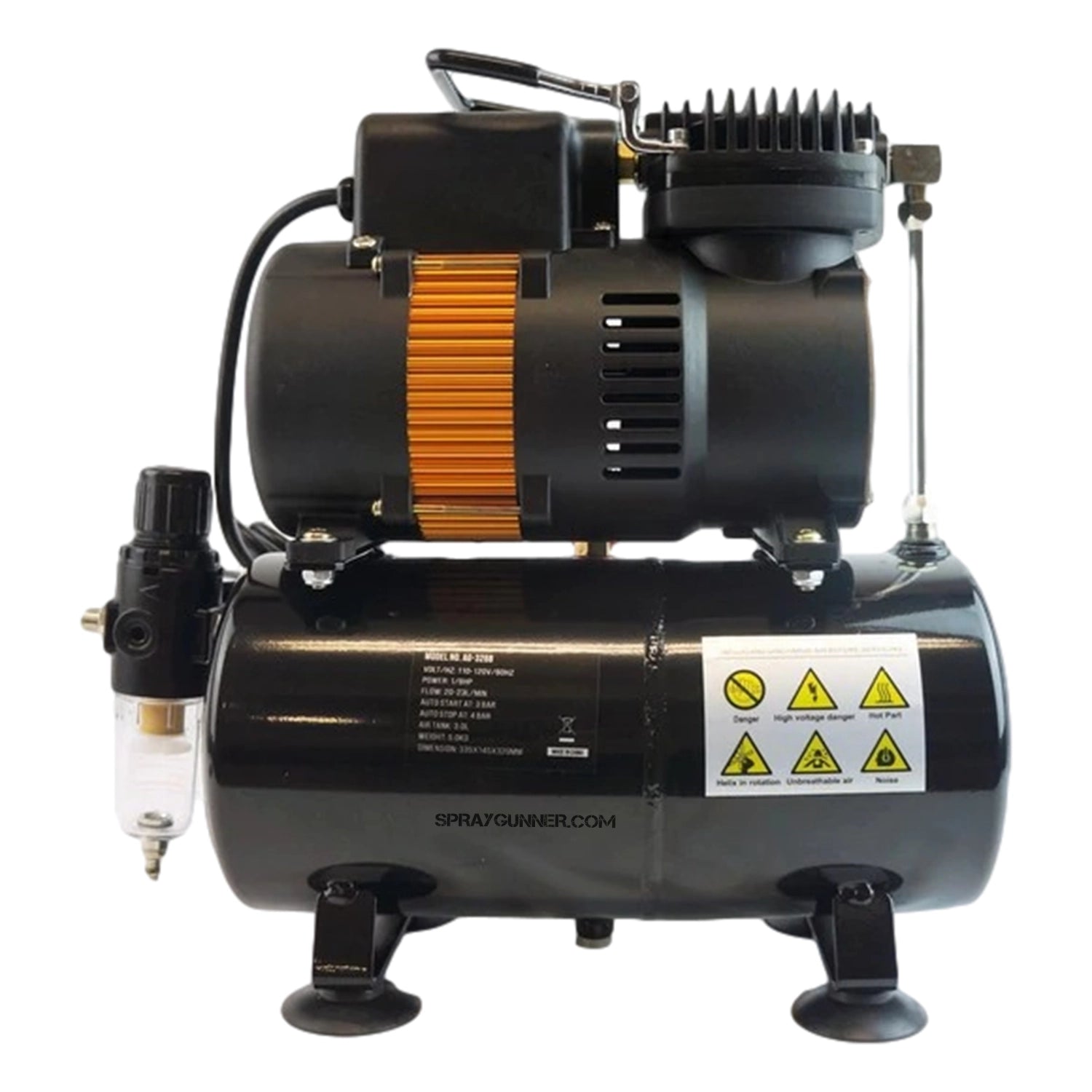 Body art and ProAiir paint applications are perfect for this used Tooty Airbrush Compressor by NO-NAME Brand, which has a black tank and orange accents.