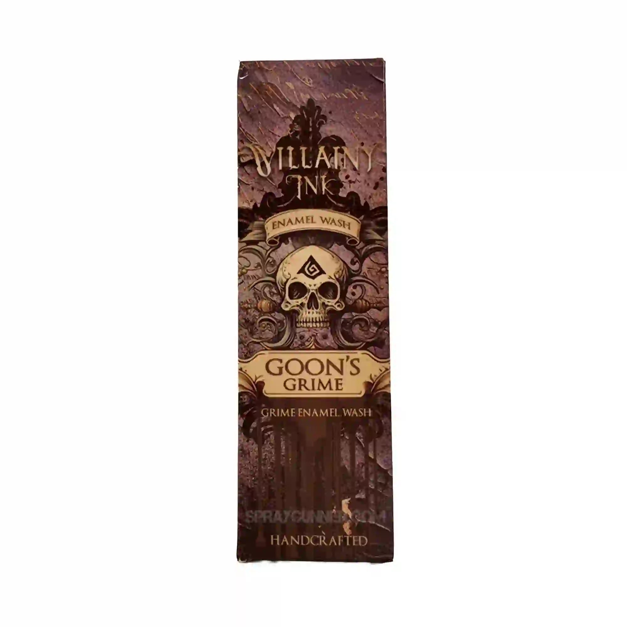 Villainy Ink Enamel Wash Goon's Grime packaging front with gothic skull design, ideal for grimdark miniature painting and hobby detailing.