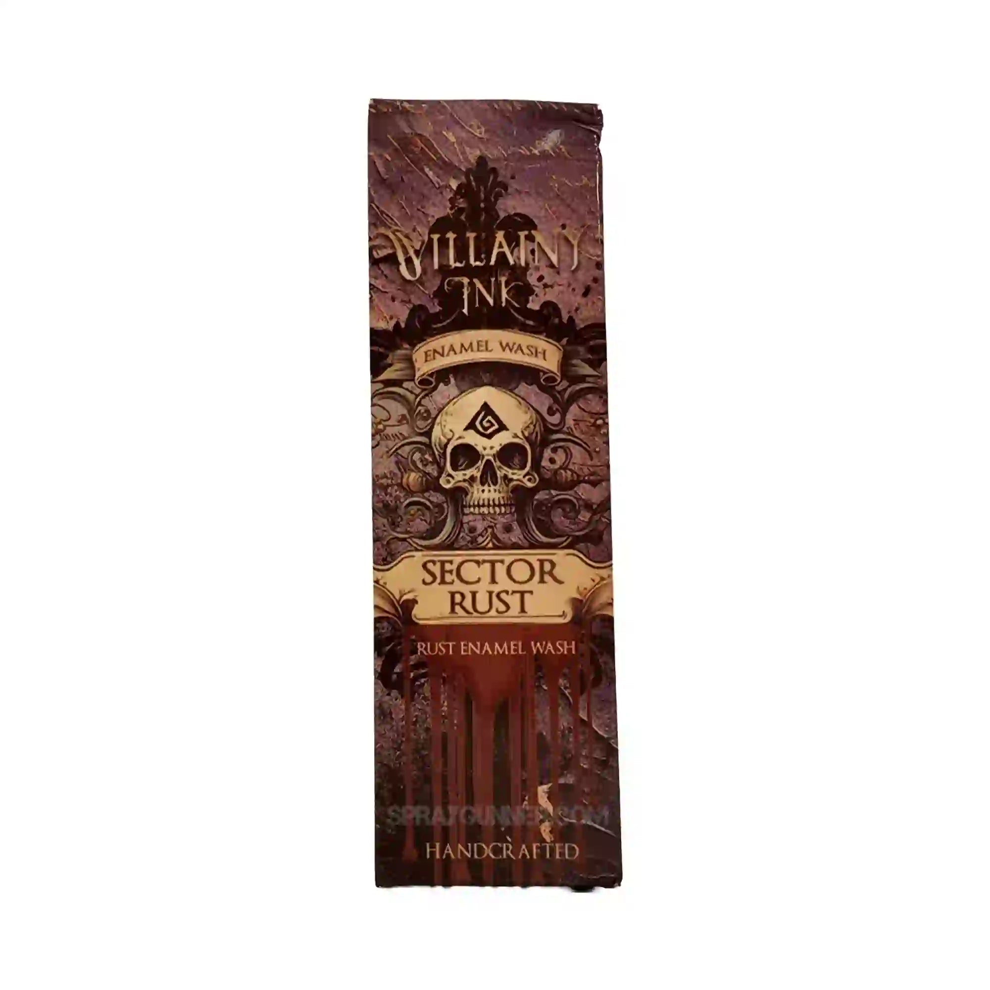 Villainy Ink Rust Enamel Wash 30mL box front featuring gothic skull design and Sector Rust label for realistic rust effects on miniatures.