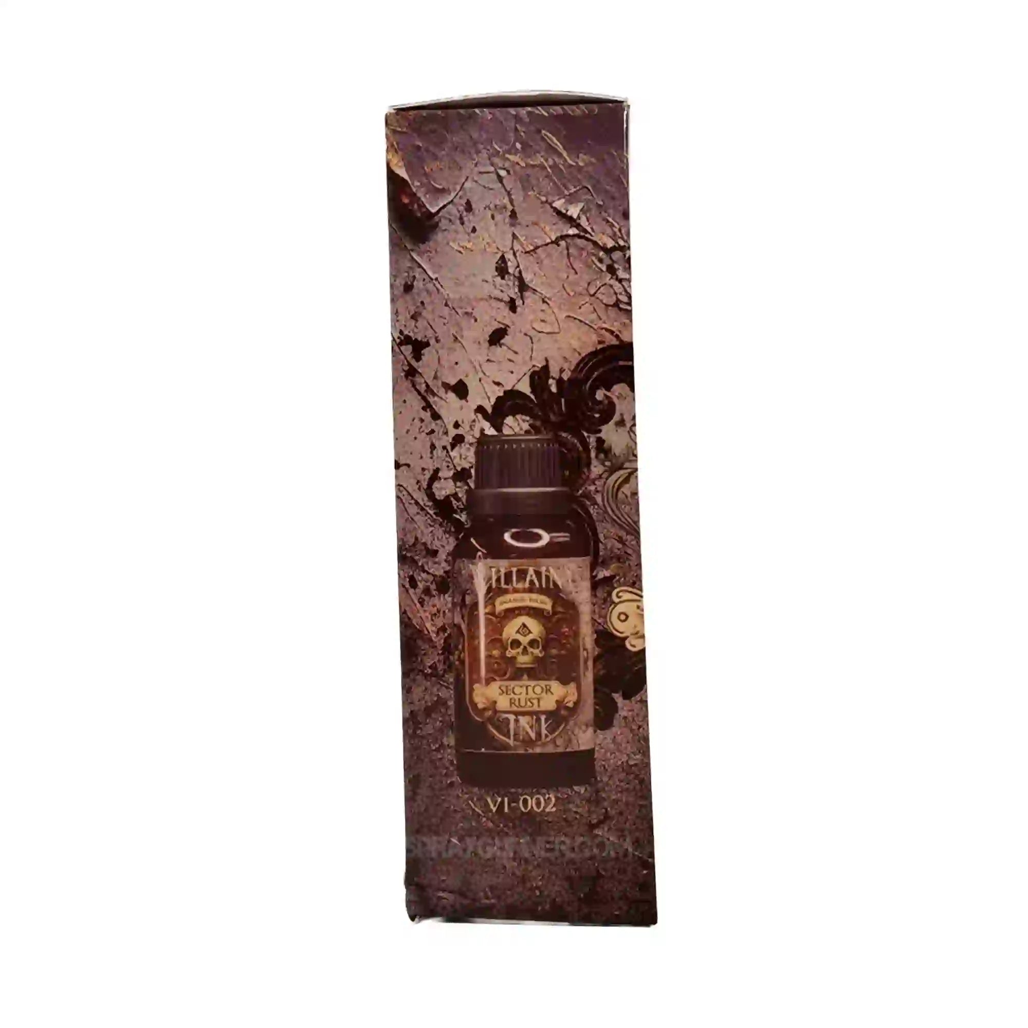 Side view of Villainy Ink Sector Rust Enamel Wash packaging showing 30mL bottle with dark fantasy artwork for hobby and model painting.