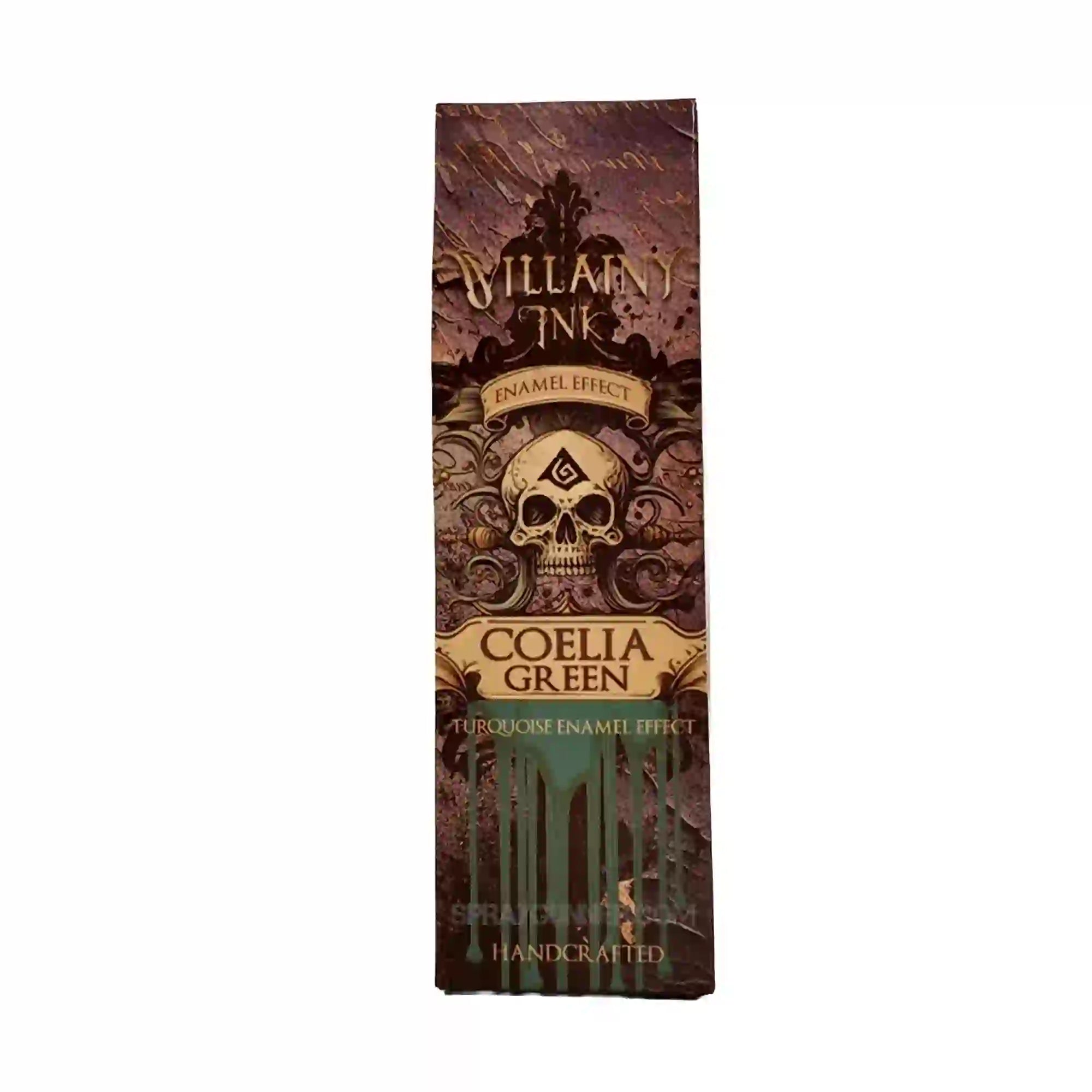 Villainy Ink Enamel Wash Coelia Green 30mL packaging front with gothic skull design and turquoise enamel effect label for hobby and miniature painting.