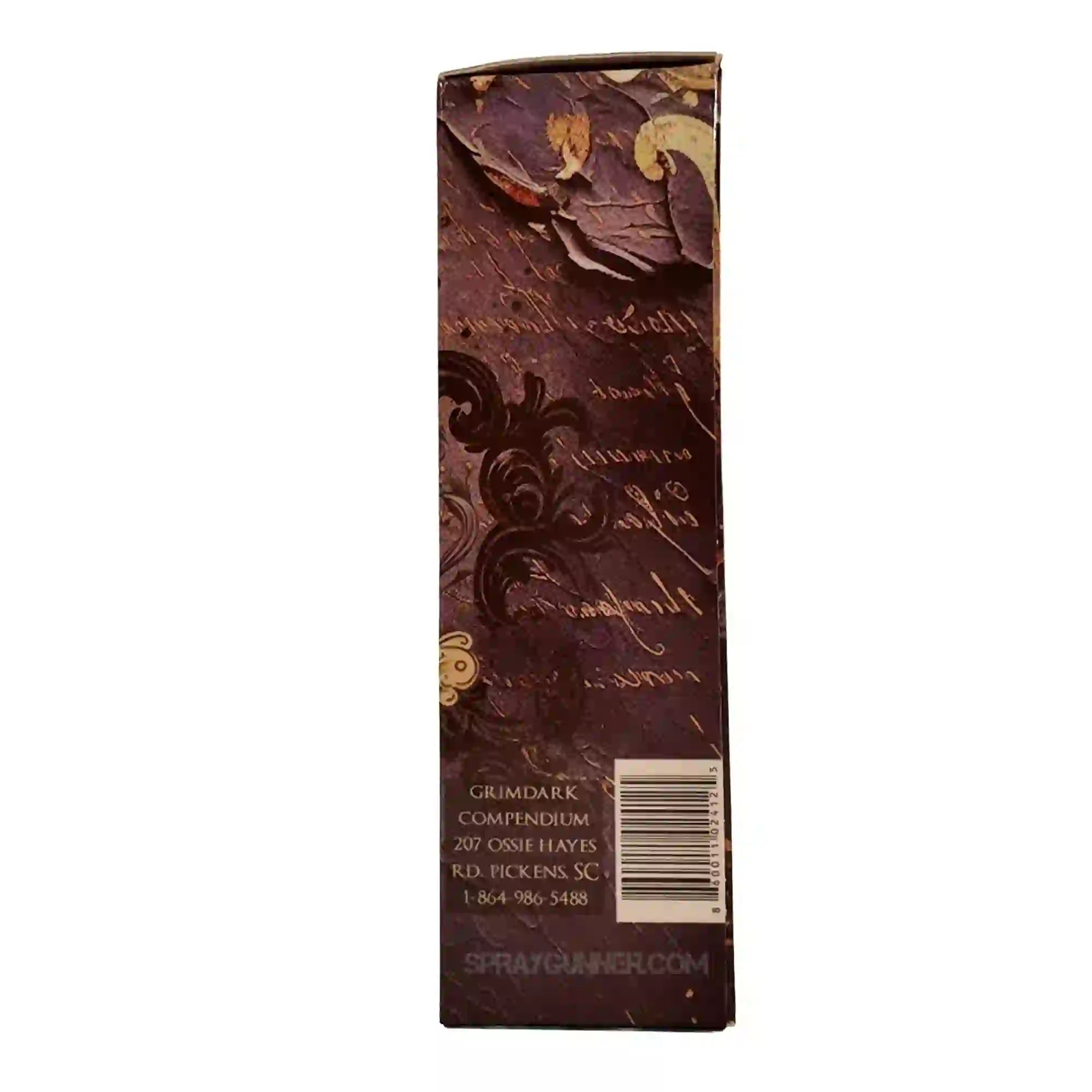 Back of Villainy Ink Enamel Wash Coelia Green 30mL packaging with manufacturer details and decorative script background for arts and crafts use.