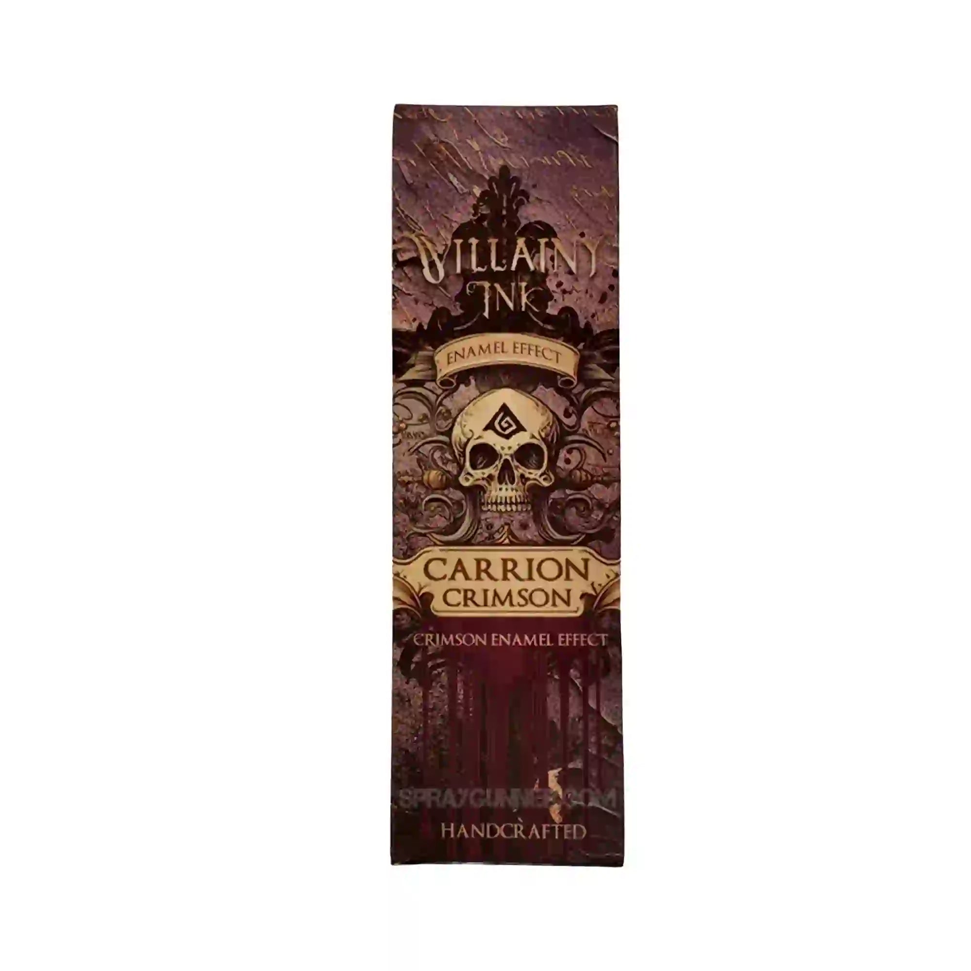 Villainy Ink Enamel Wash Carrion Crimson packaging front with gothic skull design, ideal for grimdark miniature painting and deep flesh effects.