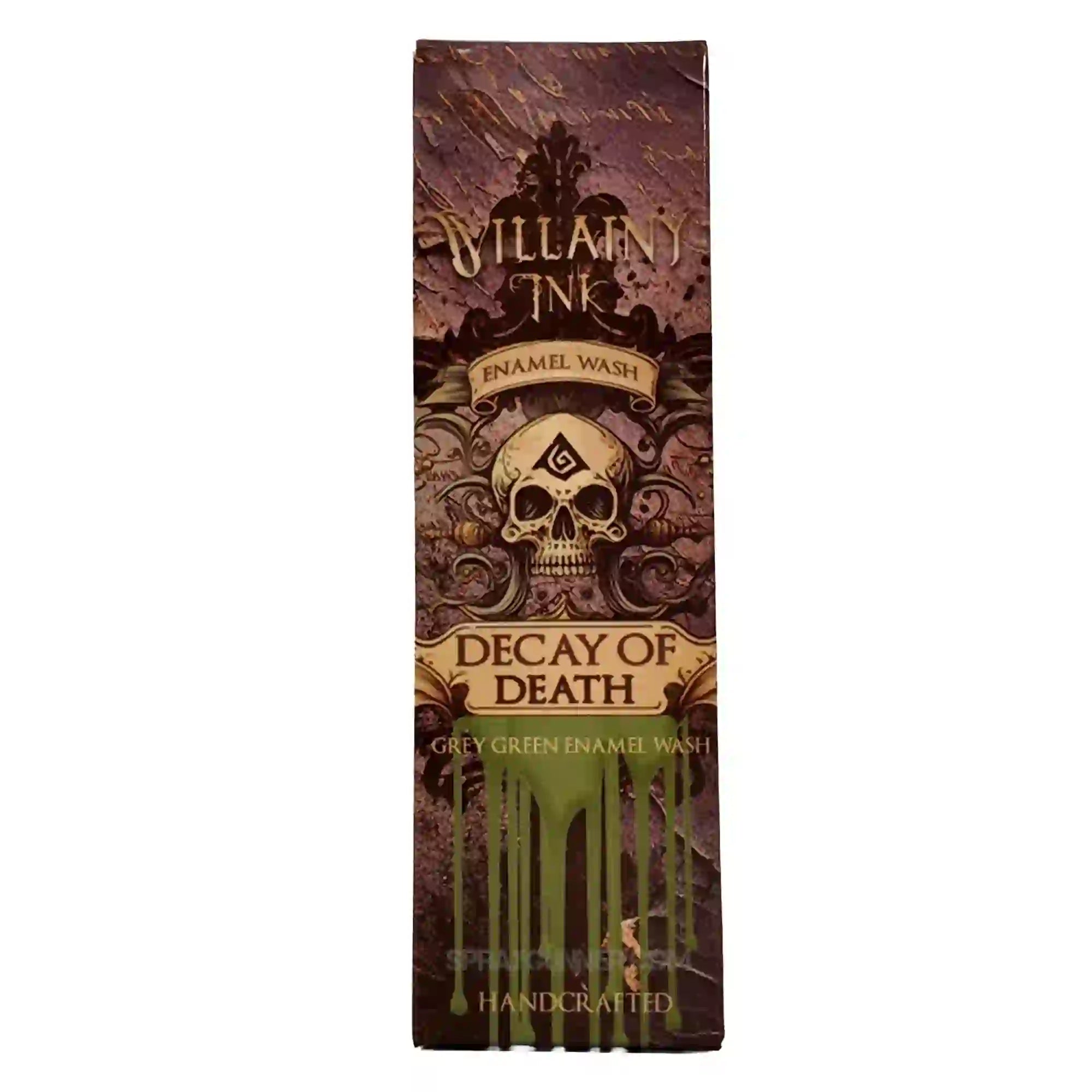 Villainy Ink Enamel Wash: Decay of Death (30mL) packaging front with gothic skull design, ideal for grimdark miniature painting and model detailing.