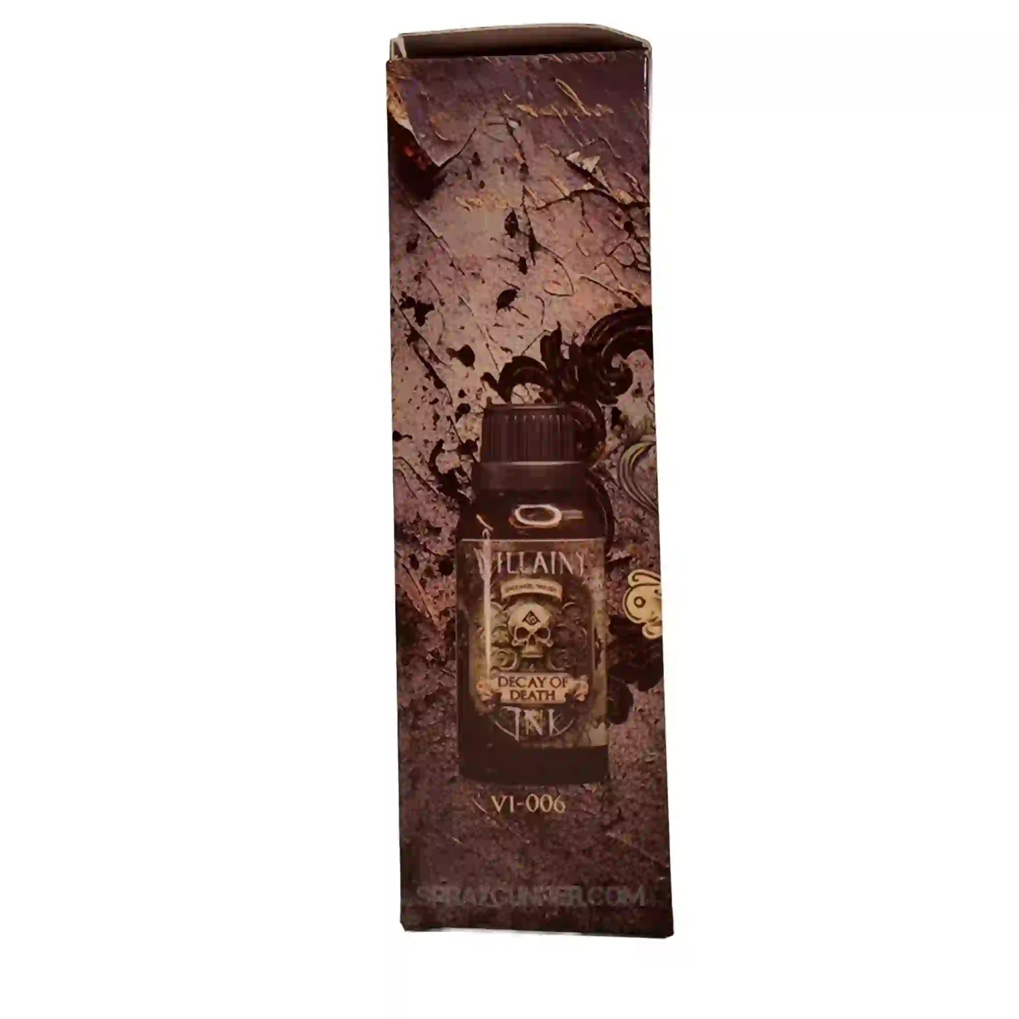 Side view of Villainy Ink Enamel Wash: Decay of Death (30mL) box showing the paint bottle, perfect for hobbyists and figure painters.