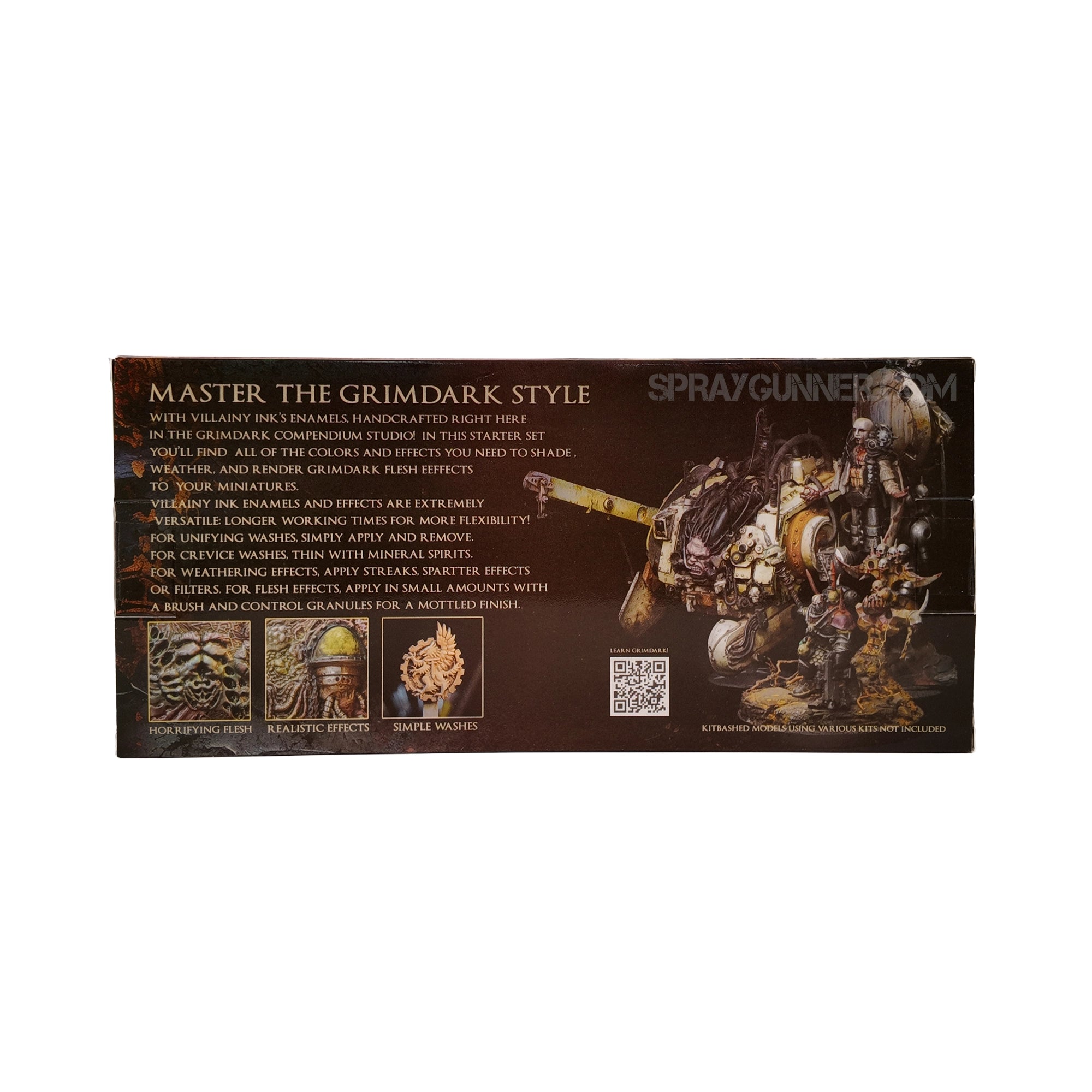 Back of Villainy Ink Starter Set box showing miniature painting examples and product features for achieving Grimdark effects with enamel washes.