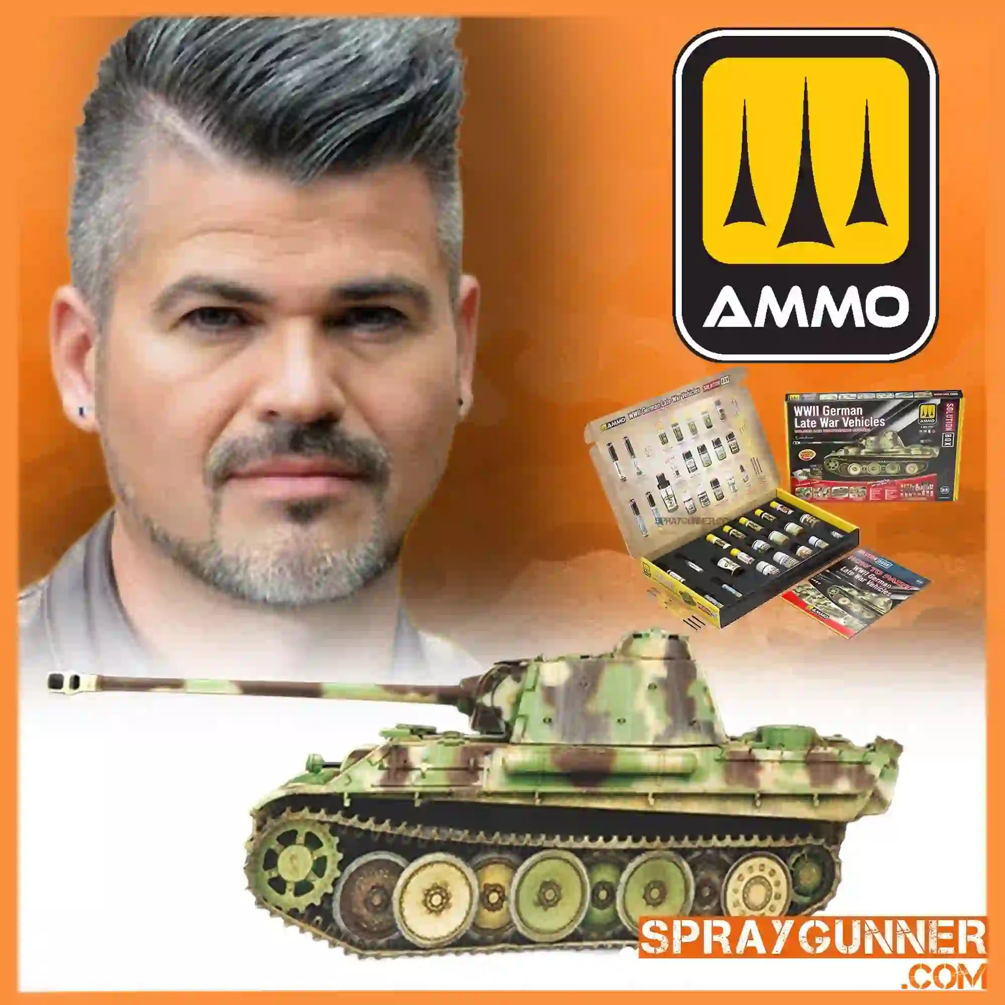 Airbrushing Workshop | German Camo Techniques | Learn from Mig Jimenez features WWII tank model with realistic German camo, AMMO paints, and instructor Mig Jimenez.