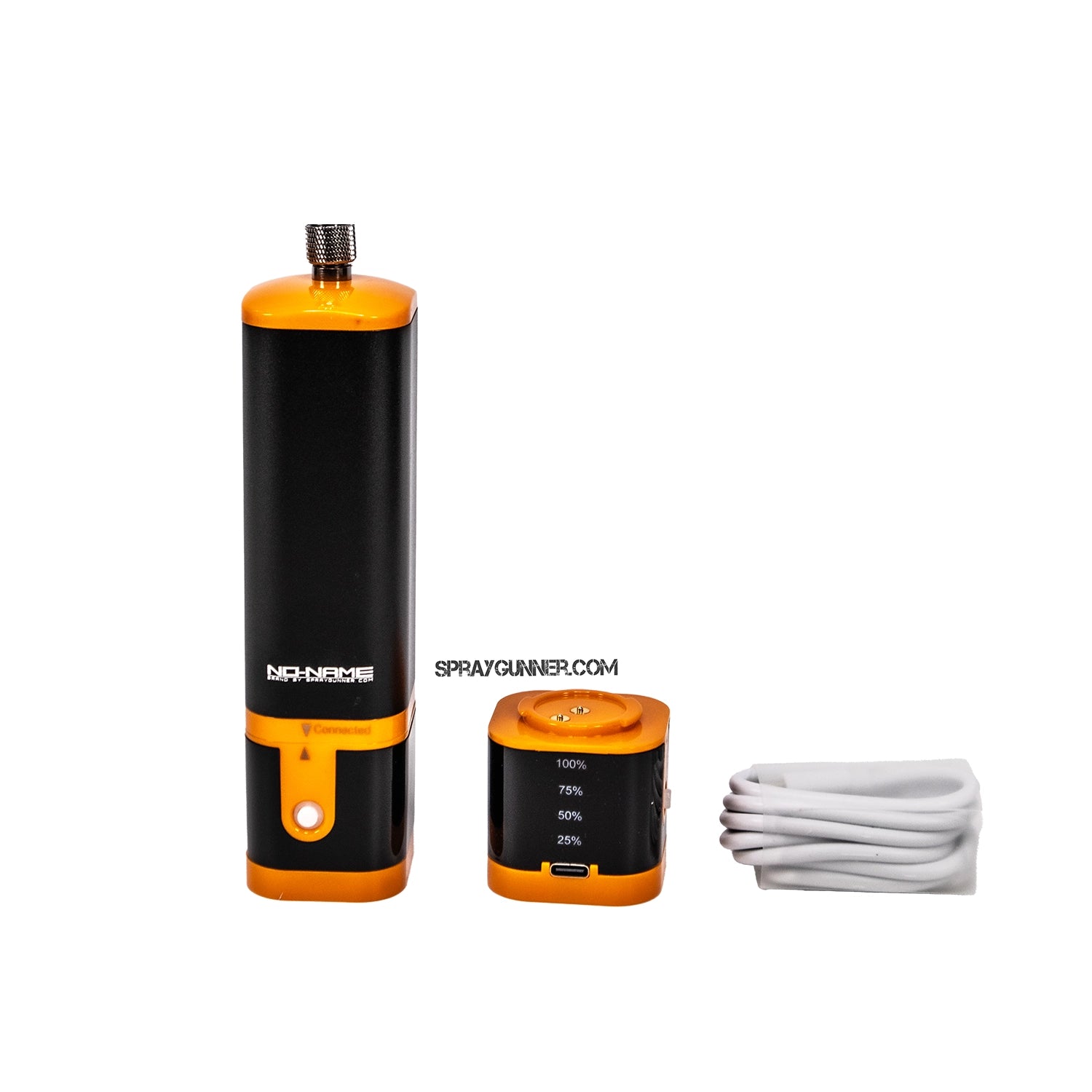 NO-NAME Brand cordless battery-operated airbrush compressor. Perfect for detailed airbrush work, this black and orange pattern is small and portable.