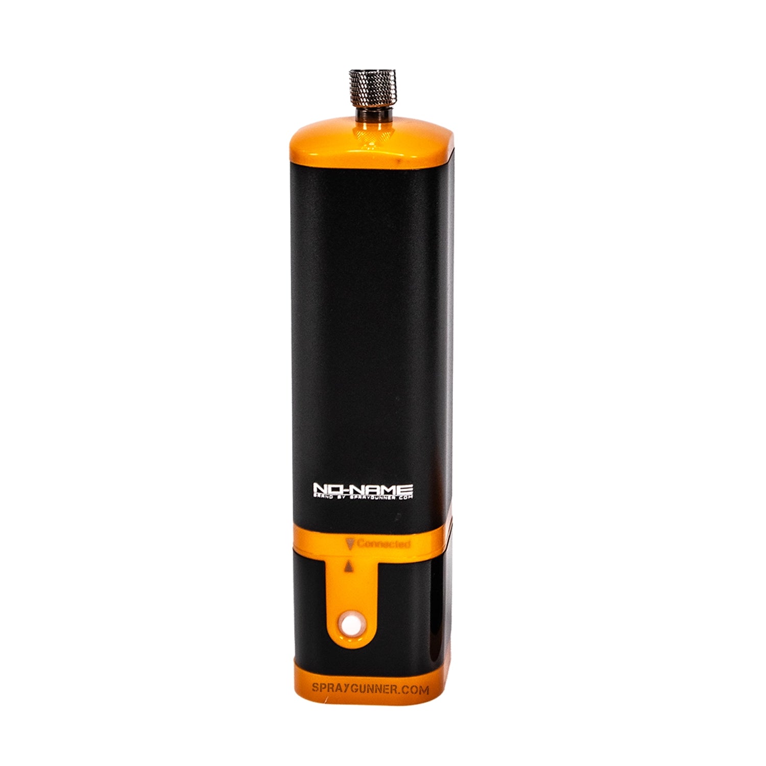Cordless battery powered compressor for airbrushing by NO-NAME Brand. Compact and portable design with a black and orange finish, ideal for detailed airbrush work.