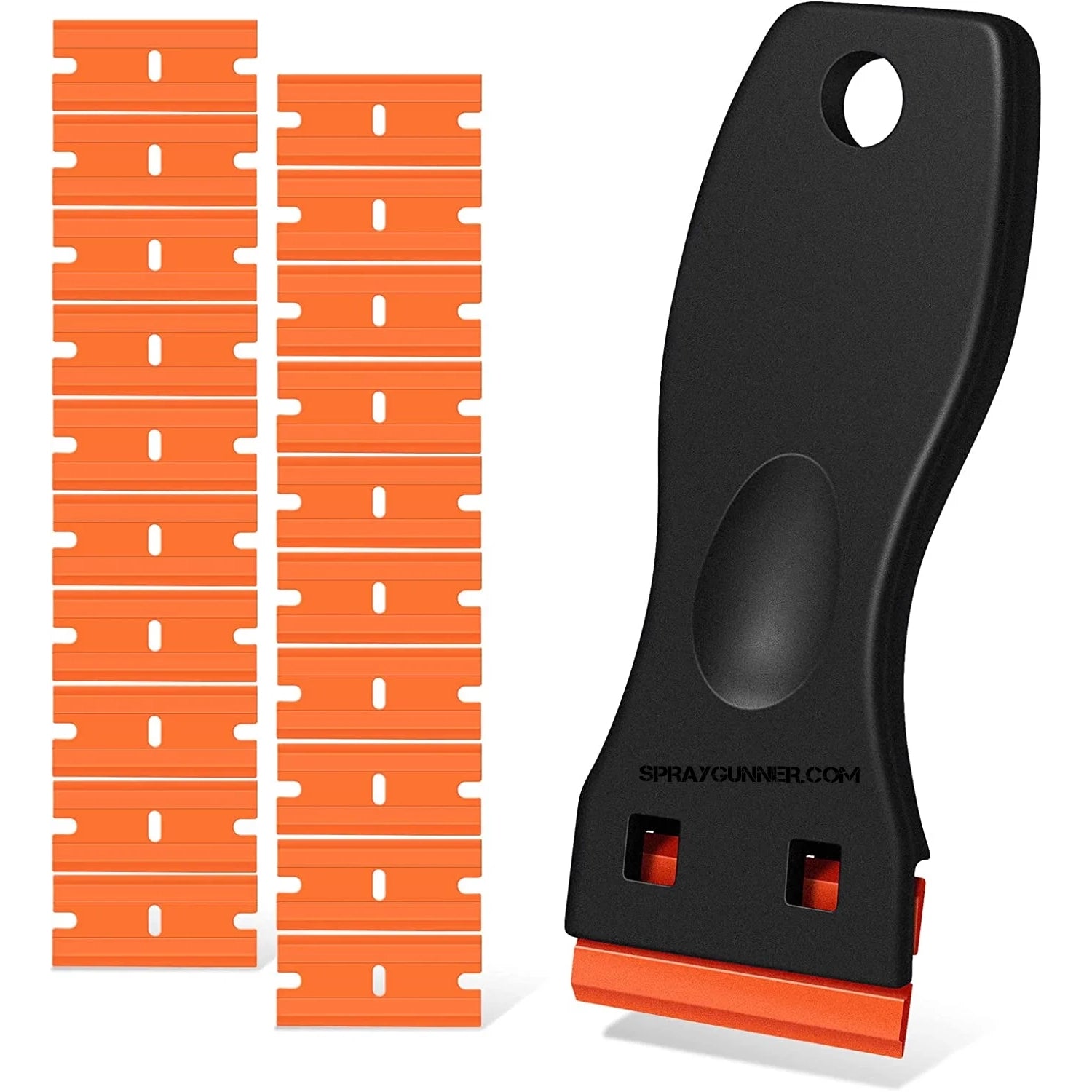 Plastic Decal Scraper Blade for Professional Painters - Precise tool with ergonomic black handle and 20 orange replacement blades for safe surface cleaning.