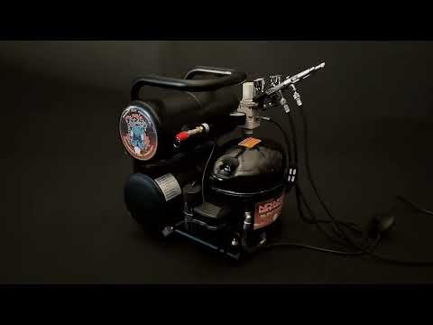 A small and incredibly silent compressor for airbrushing is the NO-NAME Silent Storm Air Compressor. Double tanks and a strong black frame for stability are features.